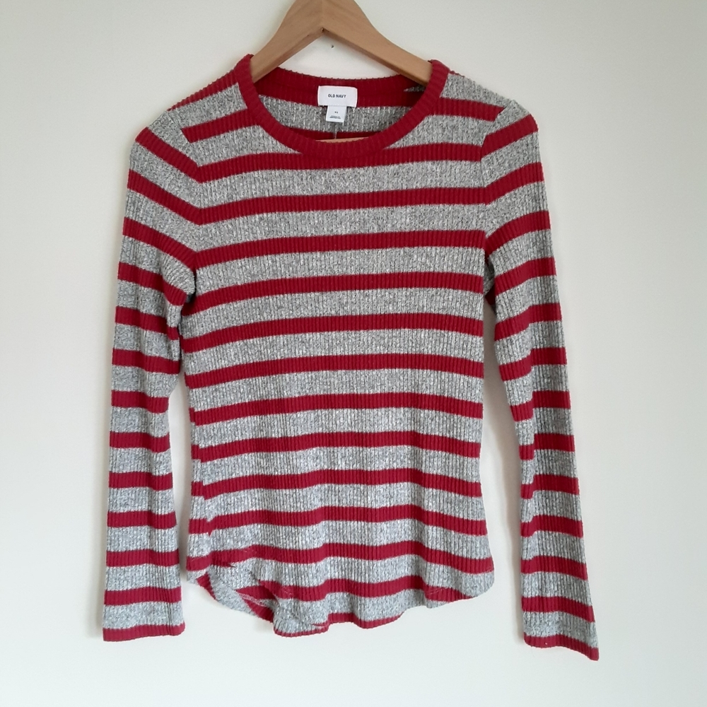 Red and grey striped sweater